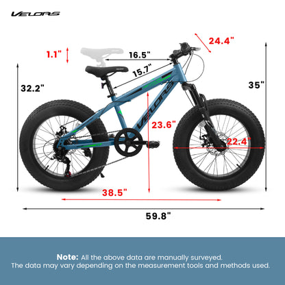 20" Fat Tire Bike for Boys & Girls, Fits Riders 48"-60" Tall, 7-Speed Mountain Bicycle with Dual Disc Brakes, Front Suspension Fork, High-Carbon Steel Frame, 20x4.0 Wide Tire