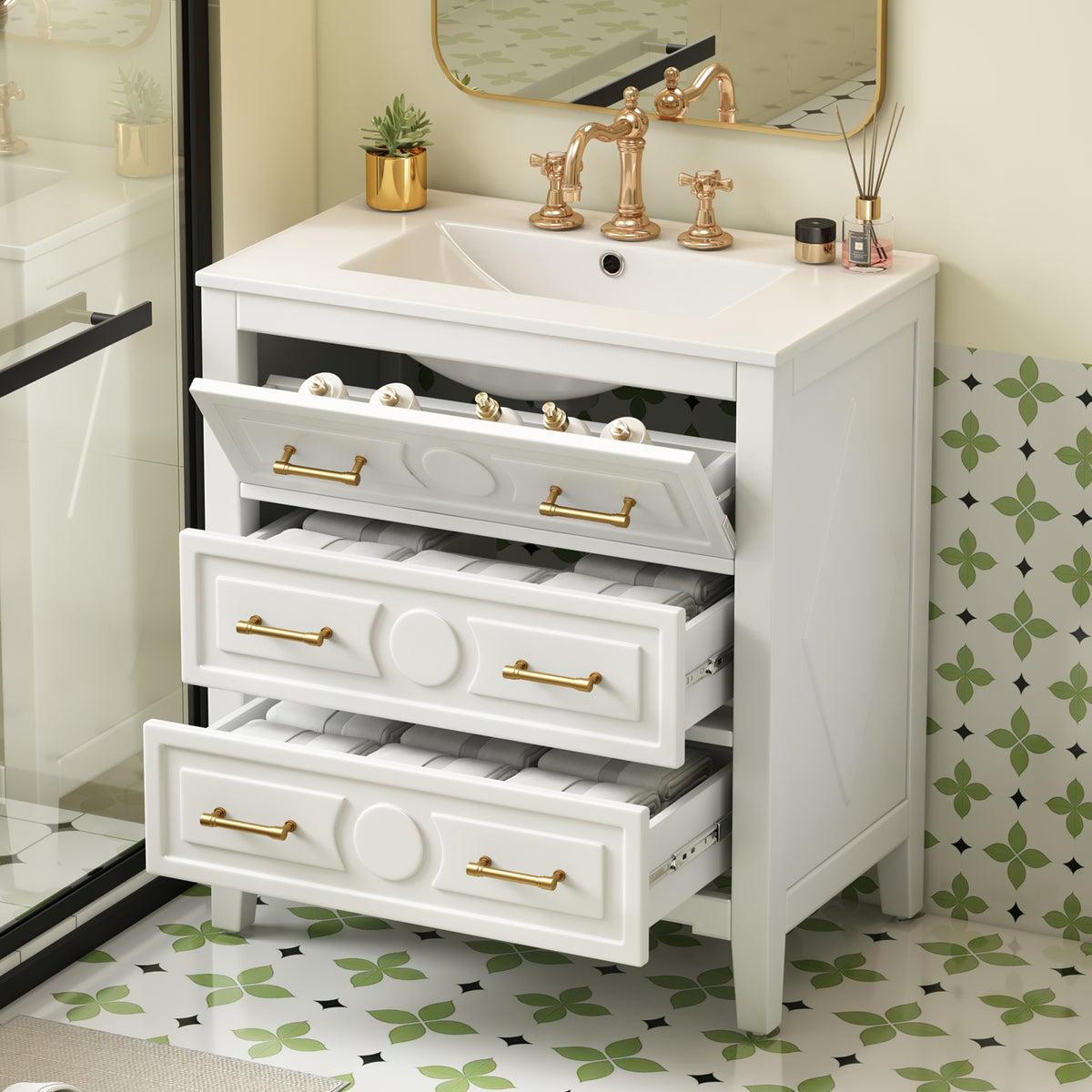 30" Bathroom Vanity with Sink, Black Bathroom Vanity with 3 Drawers & Carved Detail, Ceramic Sink for 4" Centerset Faucet with Overflow, Solid Pine Wood Frame,White