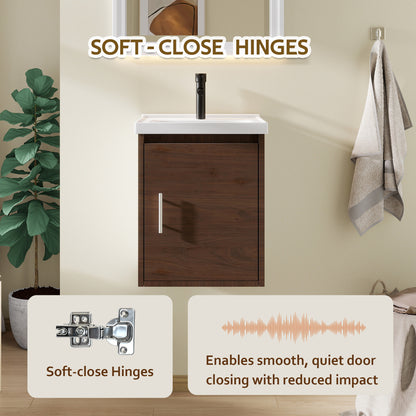 16" Floating Bathroom Vanity with Sink, Modern Wall Mounted Bathroom Vanity with Glossy White Ceramic Sink & Countertop, Soft Close Door, Plywood Storage Cabinet,Brown