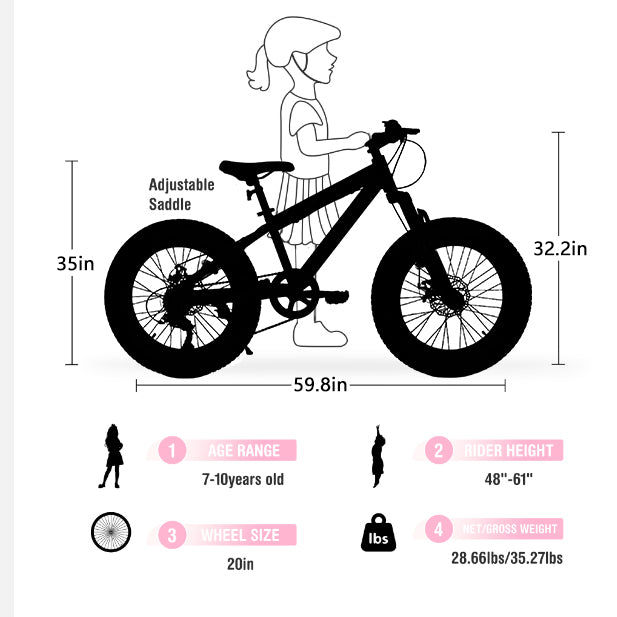 20" Fat Tire Bike for Boys & Girls, Fits Riders 48"-60" Tall, 7-Speed Mountain Bicycle with Dual Disc Brakes, Front Suspension Fork, High-Carbon Steel Frame, 20x4.0 Wide Tires