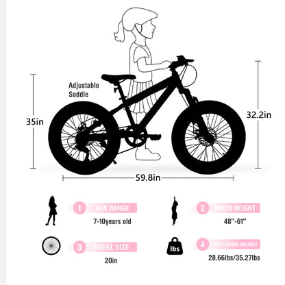 20" Fat Tire Bike for Boys & Girls, Fits Riders 48"-60" Tall, 7-Speed Mountain Bicycle with Dual Disc Brakes, Front Suspension Fork, High-Carbon Steel Frame, 20x4.0 Wide Tires