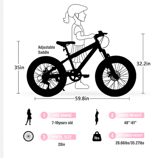 20" Fat Tire Bike for Boys & Girls, Fits Riders 48"-60" Tall, 7-Speed Mountain Bicycle with Dual Disc Brakes, Front Suspension Fork, High-Carbon Steel Frame, 20x4.0 Wide Tire