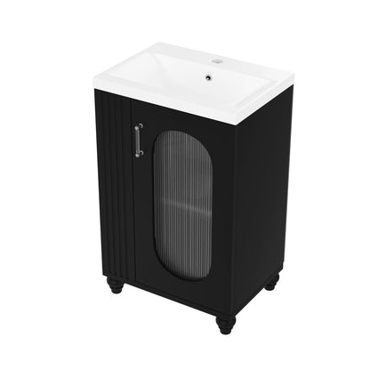 20" Bathroom Vanity with Sink, Small Bathroom Vanity Cabinet with 2-Tier Side Shelf & Toilet Paper Holder, Adjustable Shelf, Ceramic Sink Basin。Black