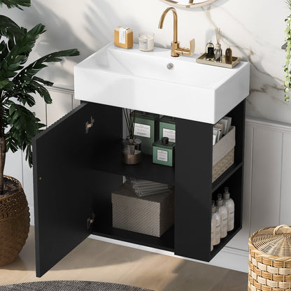 21.6" Floating Bathroom Vanity with Sink, Slim Wall Mounted Bathroom Vanity with Ceramic Basin & Overflow, Wave Pattern Door with Rose Gold Handle, Soft Close Door,Black