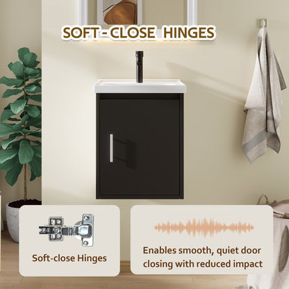 16" Floating Bathroom Vanity with Sink, Modern Wall Mounted Bathroom Vanity with Glossy White Ceramic Sink & Countertop, Soft Close Door, Plywood Storage Cabinet,Black