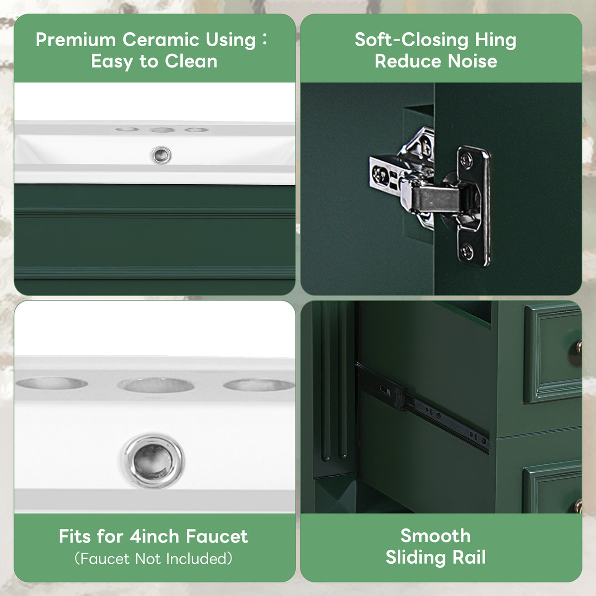 24" Bathroom Vanity with Sink, French Style Bathroom Vanity with 2 Deep Drawers & Adjustable Shelf, Ceramic Sink for 4-Inch Faucet, Soft Close Door,Green