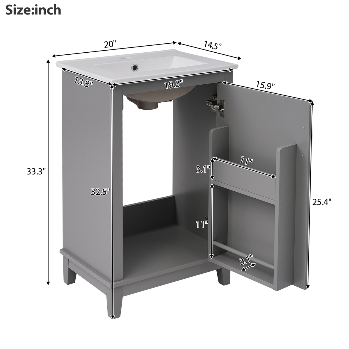 20" Bathroom Vanity with Sink, Minimalist Bathroom Vanity Cabinet with Double Door Shelves & Overflow Ceramic Sink, Soft Close Door, Solid Wood Legs,Grey
