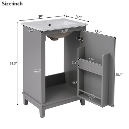 20" Bathroom Vanity with Sink, Minimalist Bathroom Vanity Cabinet with Double Door Shelves & Overflow Ceramic Sink, Soft Close Door, Solid Wood Legs,Grey