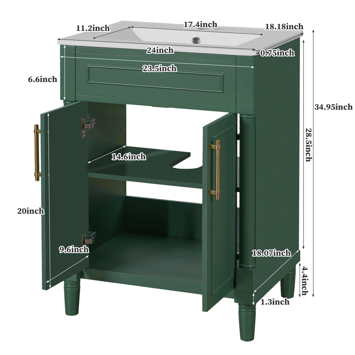 24" Bathroom Vanity with Sink, Modern Bathroom Vanity with Half-Moon Ceramic Sink for 4" Faucet, Adjustable Shelf & Painted Finish, for Small Bathroom,Green