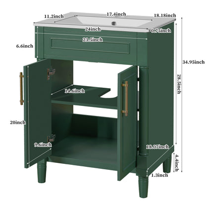 24" Bathroom Vanity with Sink, Modern Bathroom Vanity with Half-Moon Ceramic Sink for 4" Faucet, Adjustable Shelf & Painted Finish, for Small Bathroom,Green