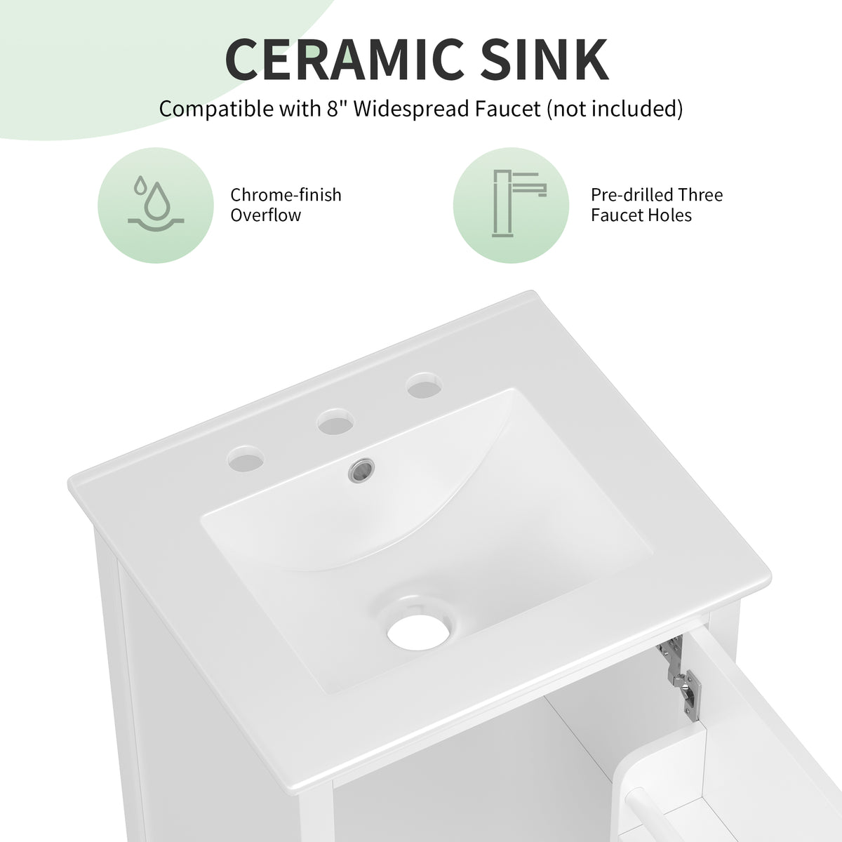 20" Bathroom Vanity with Sink, Half-Moon Ceramic Sink Basin with 3-Hole Faucet Mount, Bathroom Storage Cabinet with Drawer & Door Rack, Retro Gold Handle, White