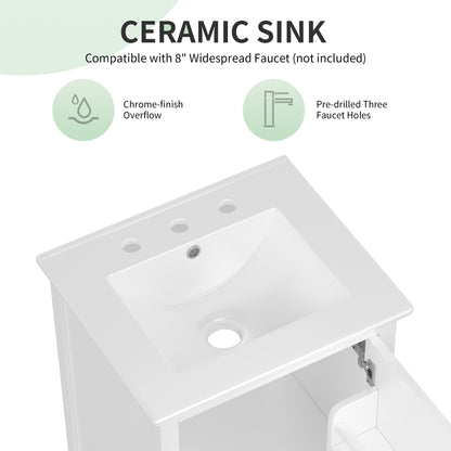 20" Bathroom Vanity with Sink, Half-Moon Ceramic Sink Basin with 3-Hole Faucet Mount, Bathroom Storage Cabinet with Drawer & Door Rack, Retro Gold Handle, White