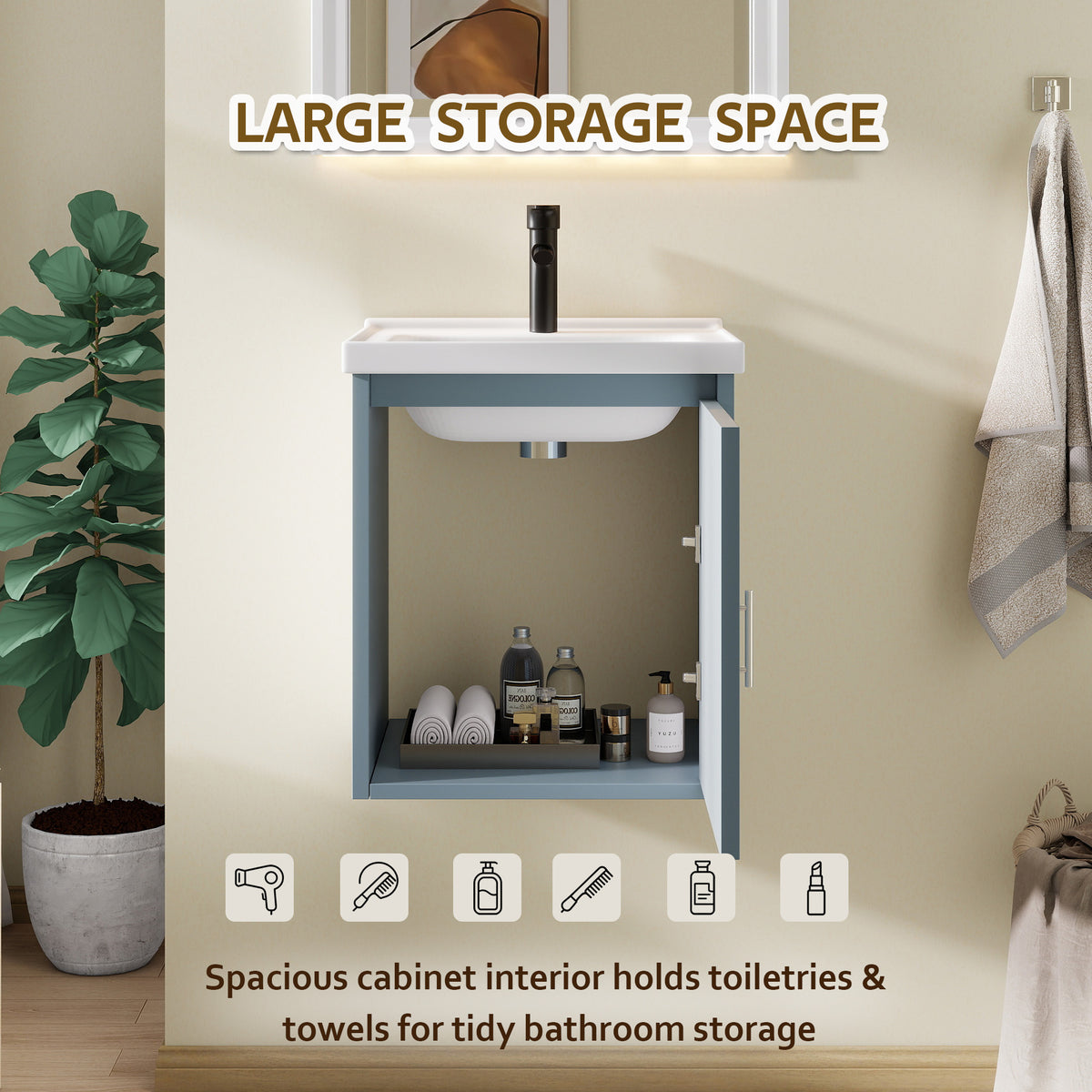 16" Floating Bathroom Vanity with Sink, Modern Wall Mounted Bathroom Vanity with Glossy White Ceramic Sink & Countertop, Soft Close Door, Plywood Storage Cabinet,Blue