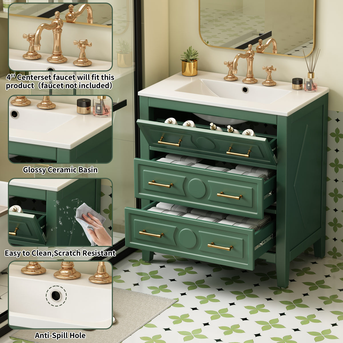 30" Bathroom Vanity with Sink, Black Bathroom Vanity with 3 Drawers & Carved Detail, Ceramic Sink for 4" Centerset Faucet with Overflow, Solid Pine Wood Frame,Green