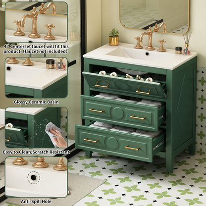 30" Bathroom Vanity with Sink, Black Bathroom Vanity with 3 Drawers & Carved Detail, Ceramic Sink for 4" Centerset Faucet with Overflow, Solid Pine Wood Frame,Green