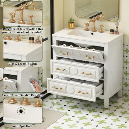 30" Bathroom Vanity with Sink, Black Bathroom Vanity with 3 Drawers & Carved Detail, Ceramic Sink for 4" Centerset Faucet with Overflow, Solid Pine Wood Frame,White