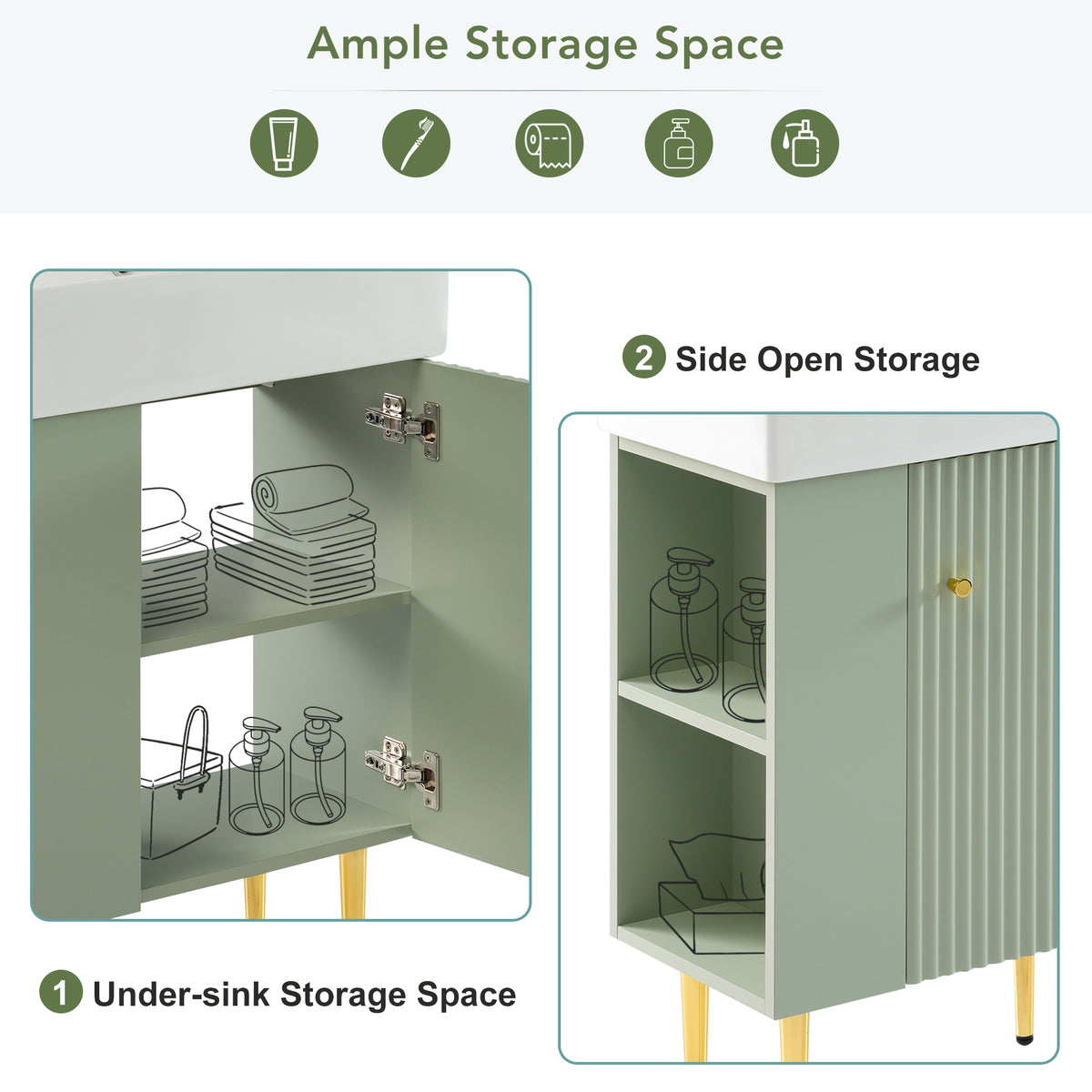 21.6" Bathroom Vanity with Sink, Slim Freestanding Bathroom Vanity Cabinet with Ceramic Sink & Overflow, Gold Metal Legs, Soft Close Door, for Small Bathroom,,Green