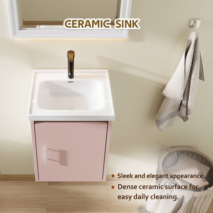 16" Floating Bathroom Vanity with Sink, Modern Wall Mounted Bathroom Vanity with Glossy White Ceramic Sink & Countertop, Soft Close Door, Plywood Storage Cabinet,Pink