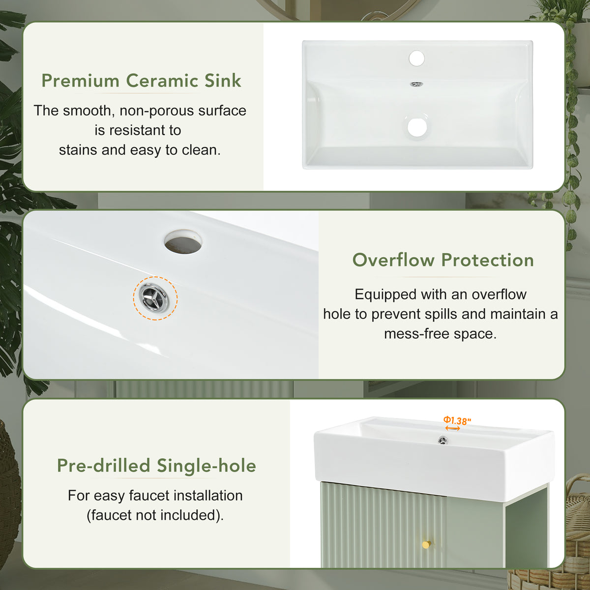 21.6" Floating Bathroom Vanity with Sink, Slim Wall Mounted Bathroom Vanity with Ceramic Basin & Overflow, Wave Pattern Door with Rose Gold Handle, Soft Close Door,Green