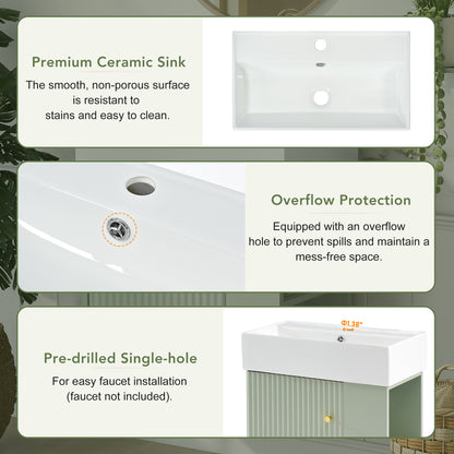 21.6" Floating Bathroom Vanity with Sink, Slim Wall Mounted Bathroom Vanity with Ceramic Basin & Overflow, Wave Pattern Door with Rose Gold Handle, Soft Close Door,Green