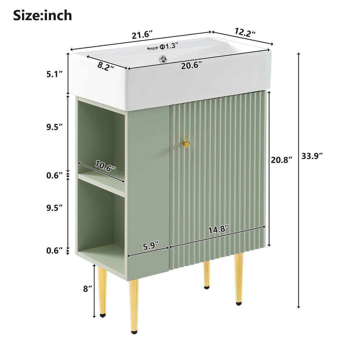 21.6" Bathroom Vanity with Sink, Slim Freestanding Bathroom Vanity Cabinet with Ceramic Sink & Overflow, Gold Metal Legs, Soft Close Door, for Small Bathroom,,Green