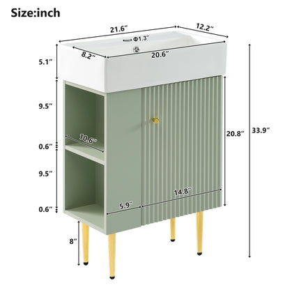 21.6" Bathroom Vanity with Sink, Slim Freestanding Bathroom Vanity Cabinet with Ceramic Sink & Overflow, Gold Metal Legs, Soft Close Door, for Small Bathroom,,Green