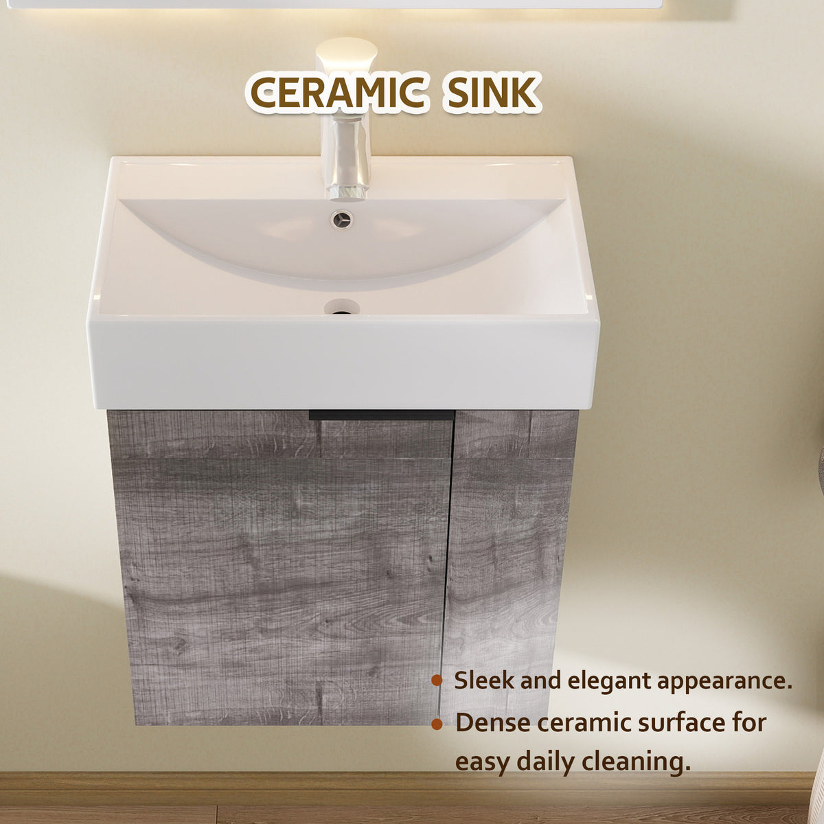 21.6" Floating Bathroom Vanity with Sink, Modern Wall Mounted Bathroom Vanity with Glossy White Ceramic Sink & Countertop, Soft Close Door, Plywood Storage Cabinet,Grey