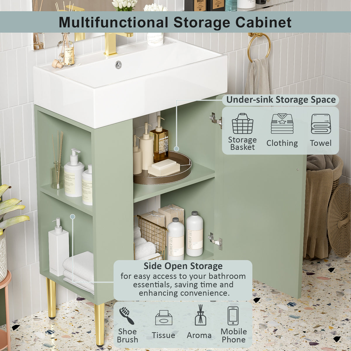 21.6" Bathroom Vanity with Sink, Slim Freestanding Bathroom Vanity Cabinet with Ceramic Sink & Overflow, Gold Metal Legs, Soft Close Door, for Small Bathroom,,Green