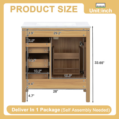 30" Bathroom Vanity with Sink, Bathroom Vanity with Tip-Out Drawer & 3 Drawers, Door Storage Rack, Ceramic Sink, Soft Close Slides, Black Handles,Acacia Wood