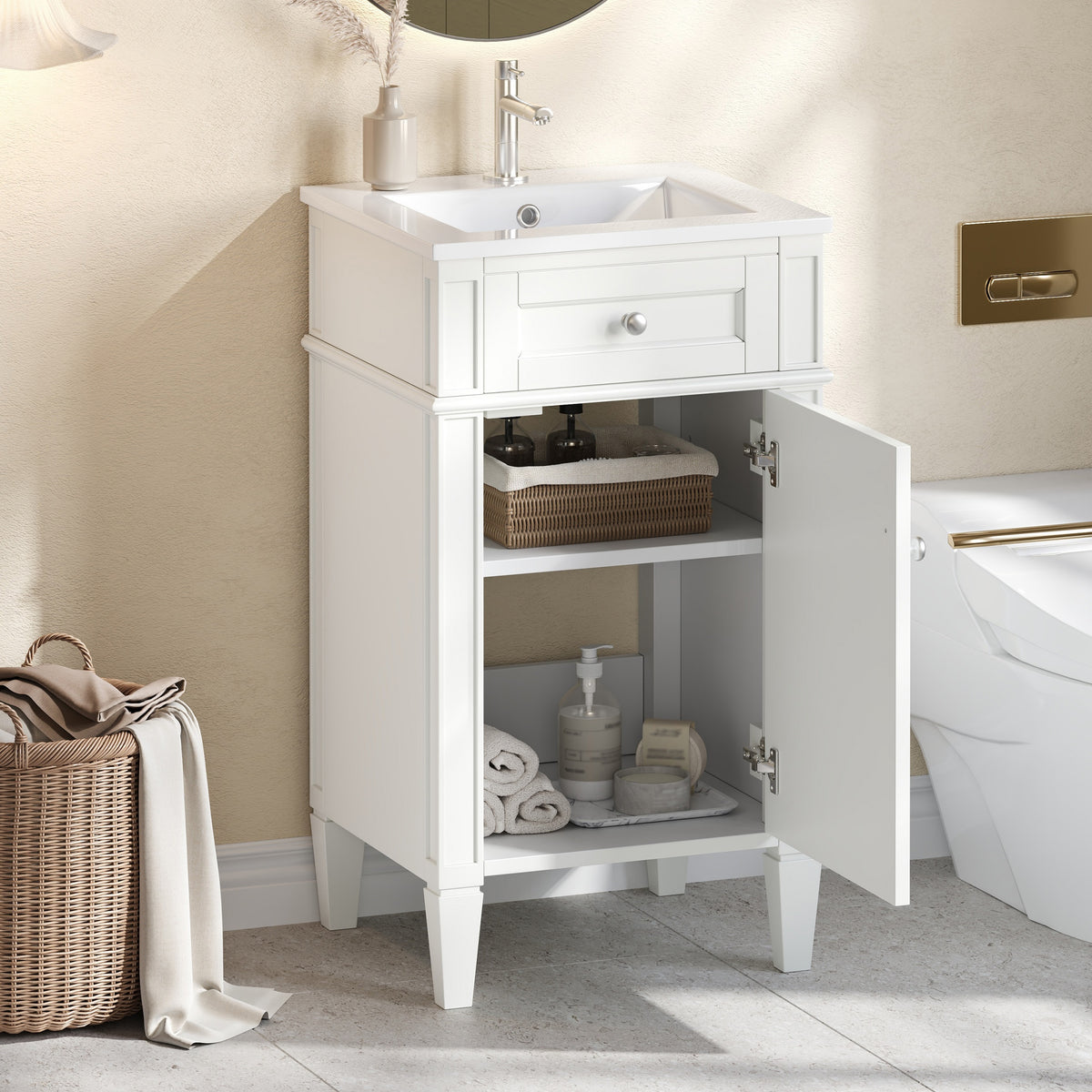 18" Bathroom Vanity with Sink, French Style Small Bathroom Vanity, Freestanding Wood Vanity Cabinet with Ceramic Sink Basin, Soft Close Door & U-Shaped Shelf,White