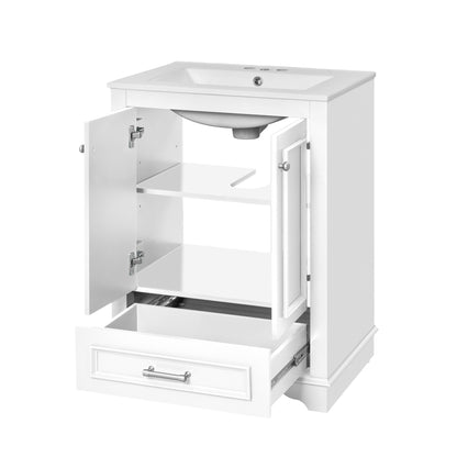 24" Bathroom Vanity with Sink, Modern Bathroom Vanity with White Ceramic Sink & Drawer, 3-Level Adjustable Shelf, Solid Wood Frame, for Small Bathroom,White
