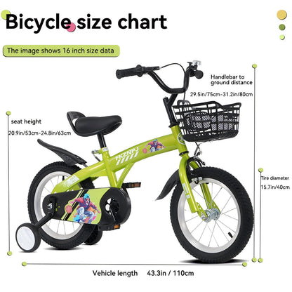 16 Inch kids bike with training wheels,stand Adjustable saddle Suitable for boys and girls aged 4-8 years tall Height 41-53 inch