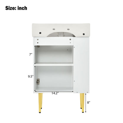 21.6" Bathroom Vanity with Sink, Slim Freestanding Bathroom Vanity Cabinet with Ceramic Sink & Overflow, Gold Metal Legs, Soft Close Door, for Small Bathroom,,White