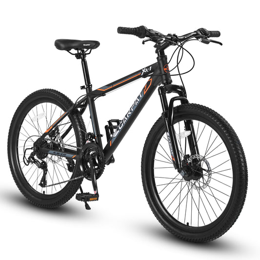 24 Inch Mountain Bike, 21 Speed, Dual Dis Brake, Front Suspension For Boy Girl,Black Orange S24102BO