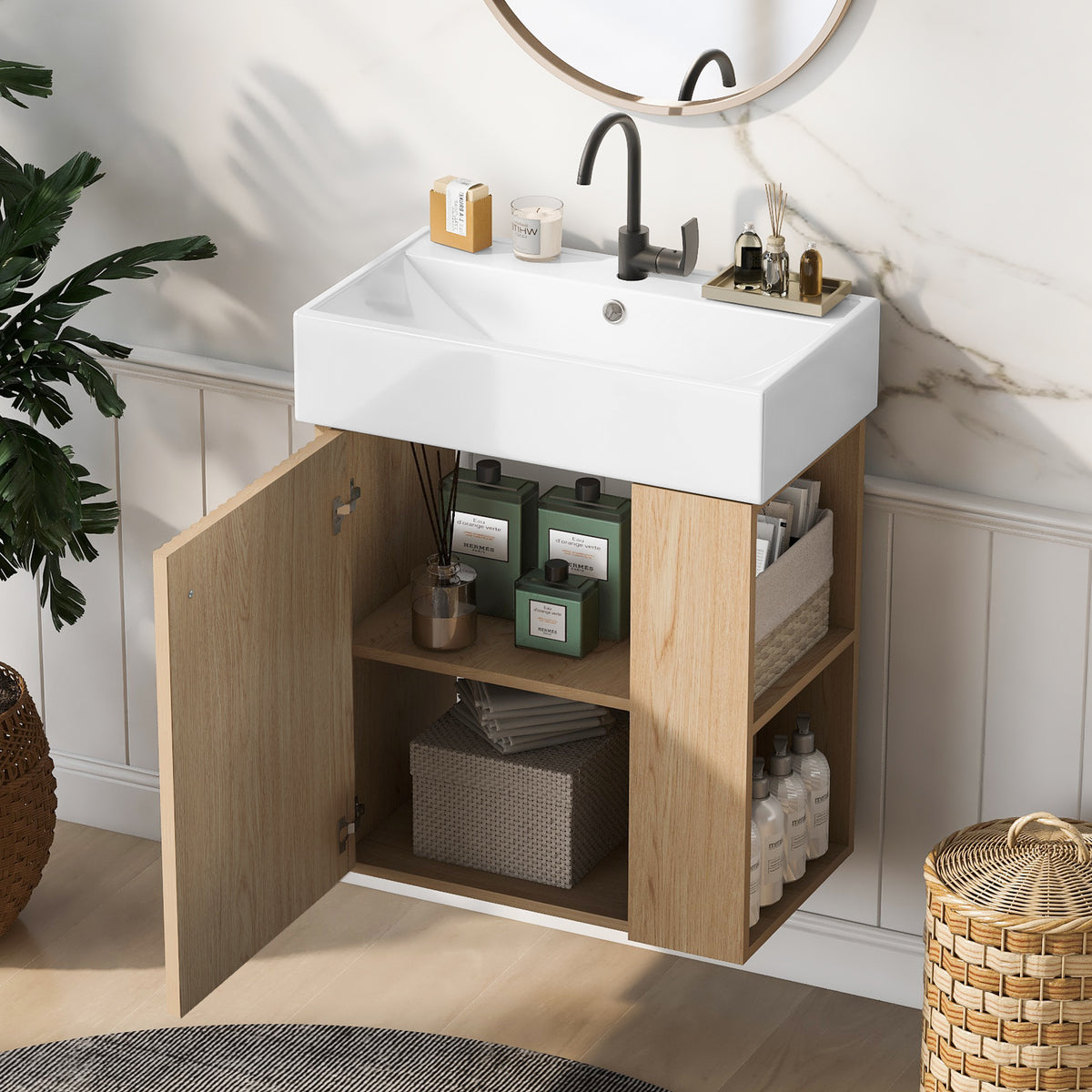 21.6" Floating Bathroom Vanity with Sink, Slim Wall Mounted Bathroom Vanity with Ceramic Basin & Overflow, Wave Pattern Door with Rose Gold Handle, Soft Close Door,Wood