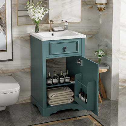 20" Bathroom Vanity with Sink, Classic Modern Bathroom Vanity Cabinet with U-Shaped Adjustable Shelf & Door Rack, Soft Close Door, Aluminum Handle,Green