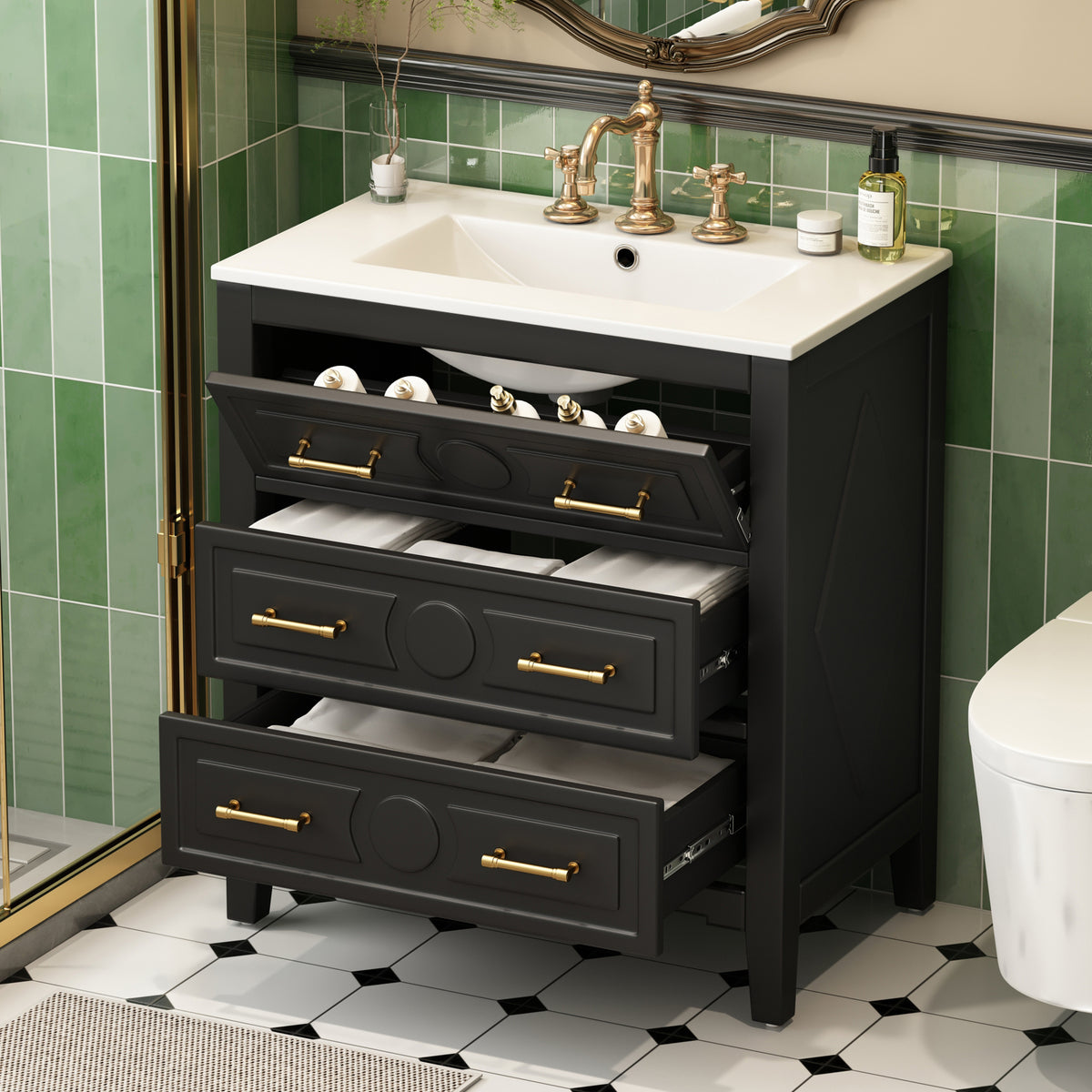 30" Bathroom Vanity with Sink, Black Bathroom Vanity with 3 Drawers & Carved Detail, Ceramic Sink for 4" Centerset Faucet with Overflow, Solid Pine Wood Frame,Black
