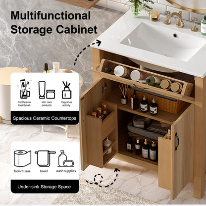 30" Bathroom Vanity with Sink, Modern Bathroom Vanity with Double Door Shelves & U-Shaped Adjustable Shelf, Ceramic Sink with Overflow, Soft Close Door,Acacia Wood