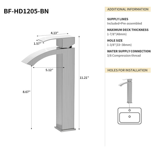 Bathroom Single Hole Vessel Sink Waterfall Faucet Brushed Nickel Single Handle B2724P262883
