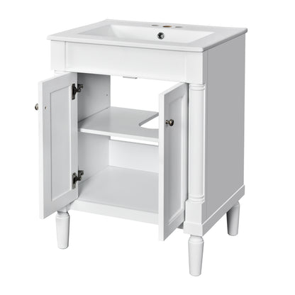 24" Bathroom Vanity with Sink, Modern Bathroom Vanity Cabinet with Enclosed Storage Door, 32mm Faucet Hole Ceramic Basin, Easy Assembly,White