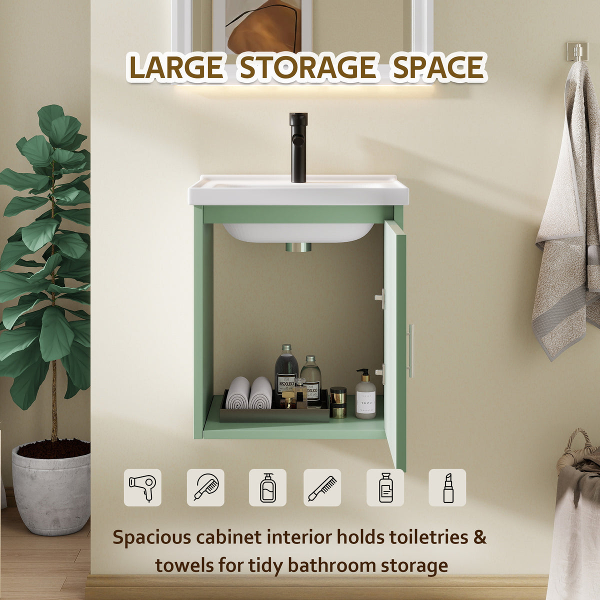 16" Floating Bathroom Vanity with Sink, Modern Wall Mounted Bathroom Vanity with Glossy White Ceramic Sink & Countertop, Soft Close Door, Plywood Storage Cabinet,Green