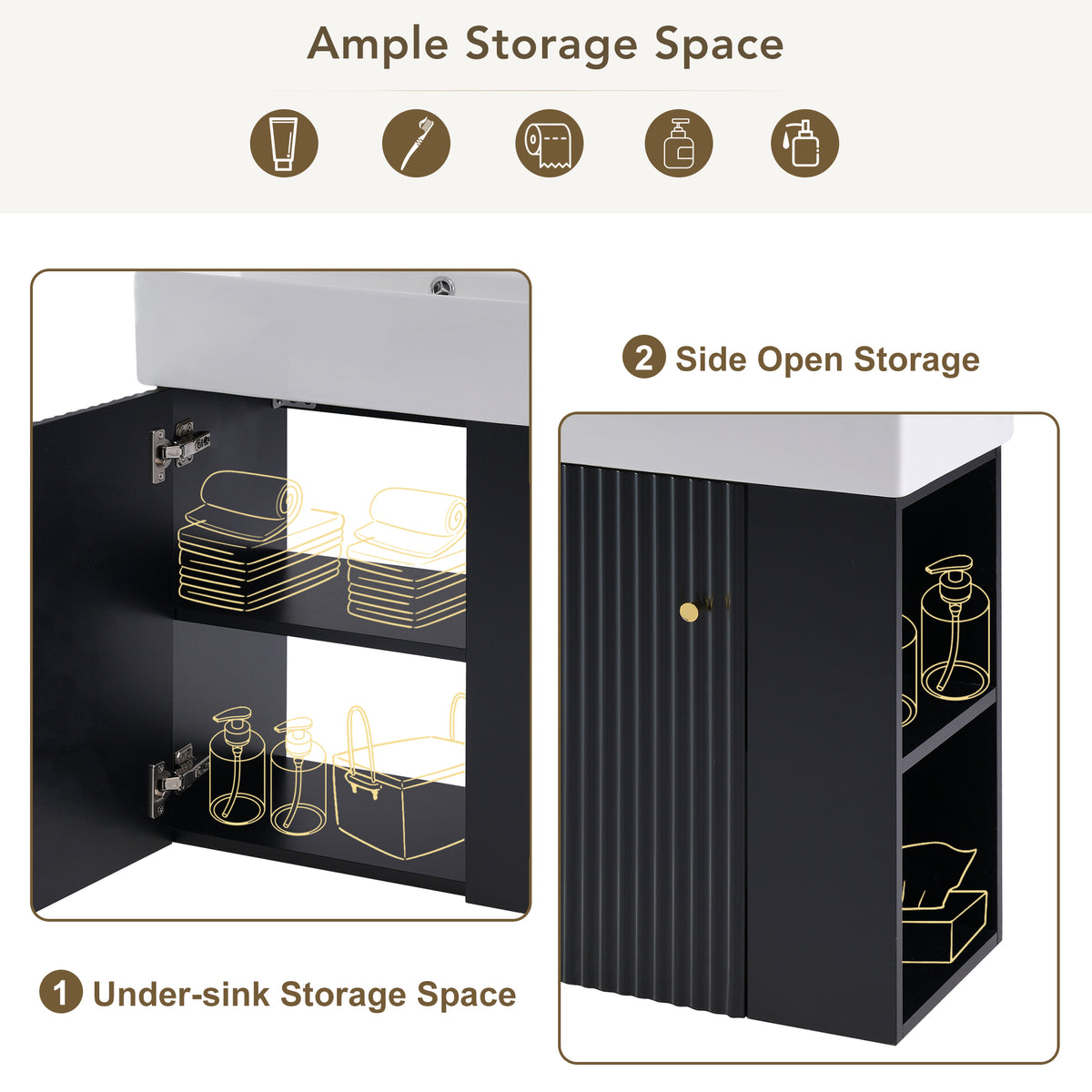 21.6" Floating Bathroom Vanity with Sink, Slim Wall Mounted Bathroom Vanity with Ceramic Basin & Overflow, Wave Pattern Door with Rose Gold Handle, Soft Close Door,Black
