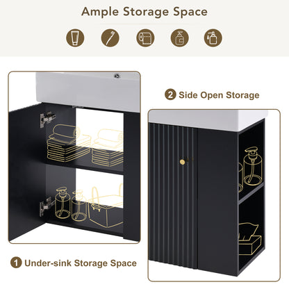 21.6" Floating Bathroom Vanity with Sink, Slim Wall Mounted Bathroom Vanity with Ceramic Basin & Overflow, Wave Pattern Door with Rose Gold Handle, Soft Close Door,Black