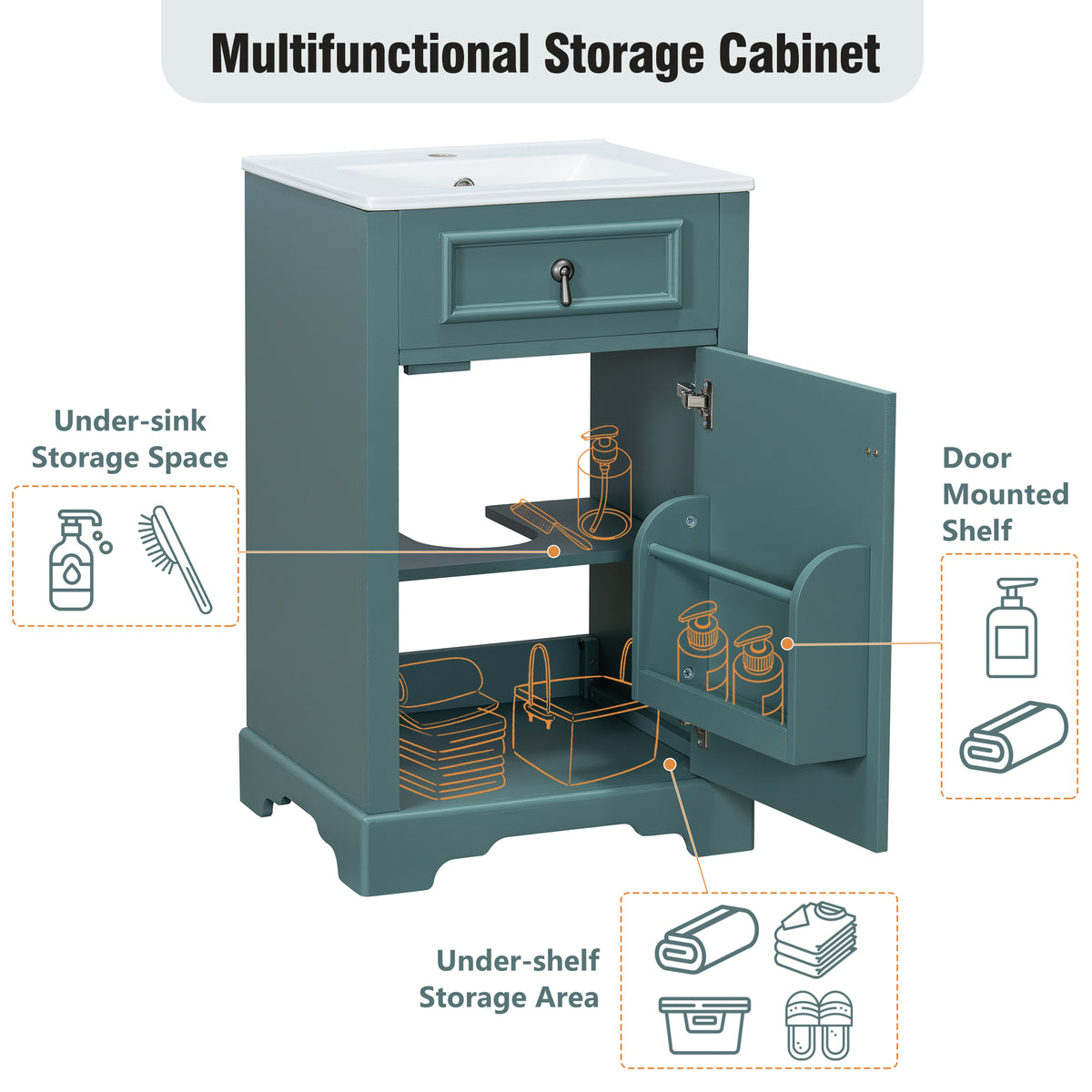 20" Bathroom Vanity with Sink, Classic Modern Bathroom Vanity Cabinet with U-Shaped Adjustable Shelf & Door Rack, Soft Close Door, Aluminum Handle,Green