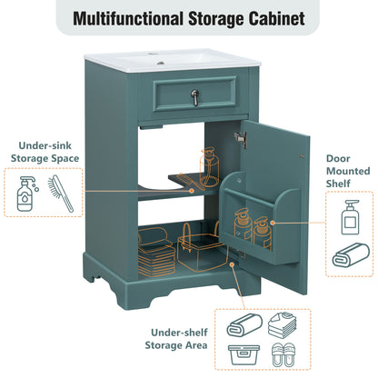 20" Bathroom Vanity with Sink, Classic Modern Bathroom Vanity Cabinet with U-Shaped Adjustable Shelf & Door Rack, Soft Close Door, Aluminum Handle,Green