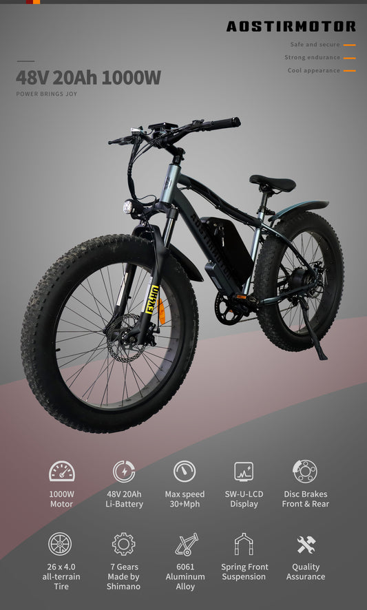 1000W 26 inch Fat Tire AOSTIRMOTOR Electric Mountain Bike 31 mph 48V 20AH Removable Lithium Battery With Rack
