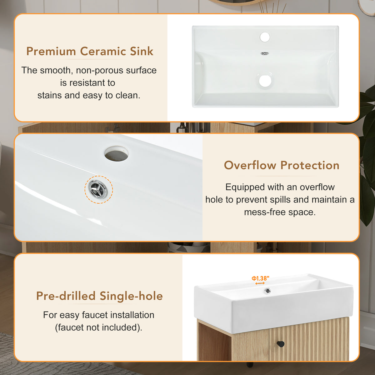 21.6" Floating Bathroom Vanity with Sink, Slim Wall Mounted Bathroom Vanity with Ceramic Basin & Overflow, Wave Pattern Door with Rose Gold Handle, Soft Close Door,Wood