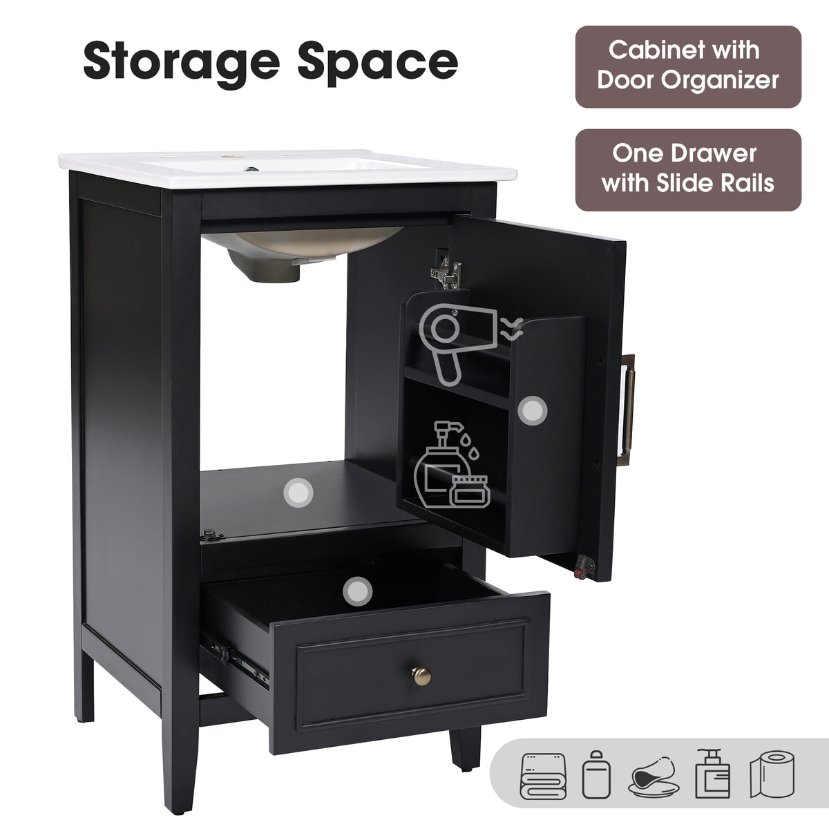 20" Bathroom Vanity with Sink, Half-Moon Ceramic Sink Basin with 3-Hole Faucet Mount, Bathroom Storage Cabinet with Drawer & Door Rack, Retro Gold Handle, Black