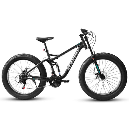 26x4 Inch Fat Tire Mountain Bike Shimano 21 Speed Dual Disc Brake Dual Suspension Trail Bike, Urban Commuter City Bicycle Adult or Youth Black