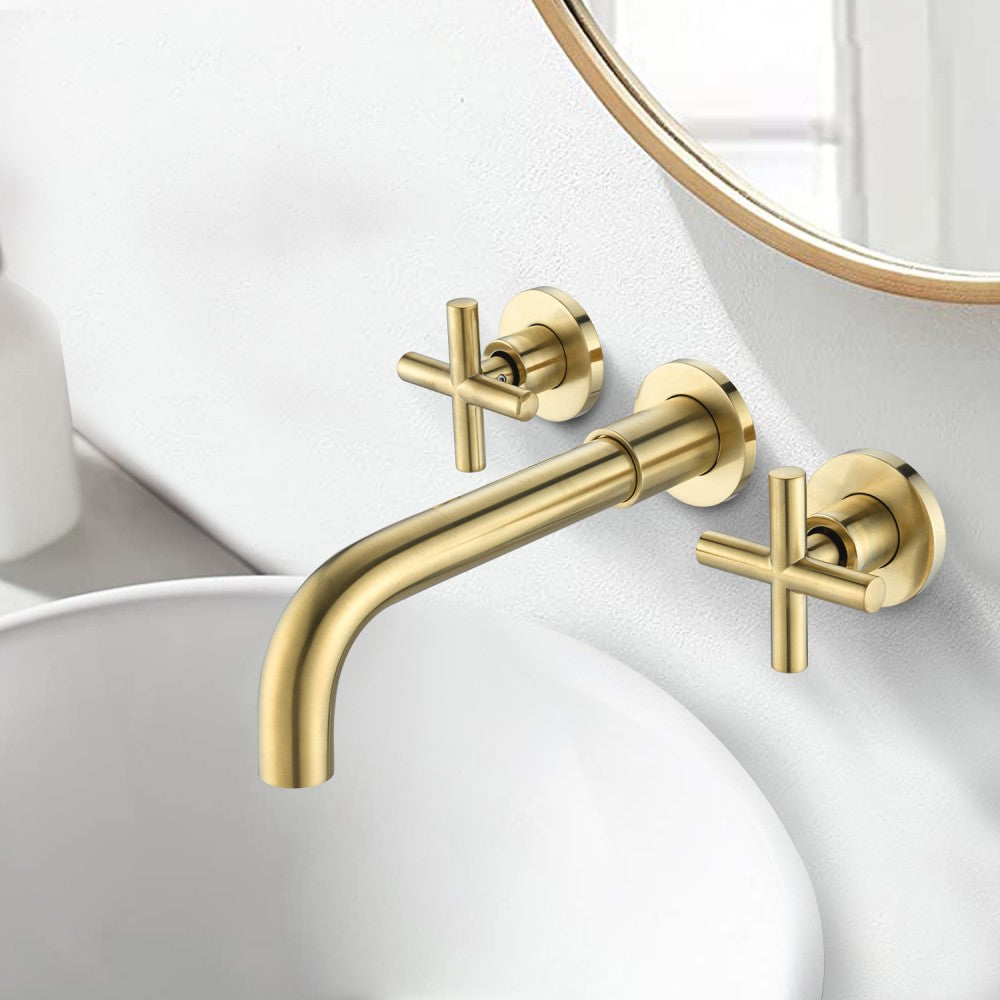 Bathroom Sink Faucet Brushed Gold Double Handles Wall Mounted With Pop-up Drain W928P261444